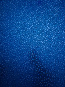 Macro shot of water droplets on a blue glass surface in Victoria, BC.